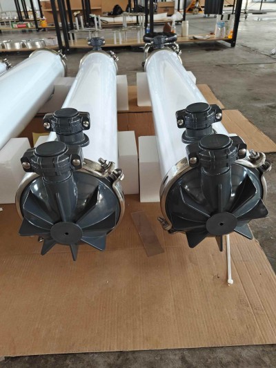 Close-up view of the X Membrane 60 square meter ultrafiltration membrane module, highlighting its construction and ports.